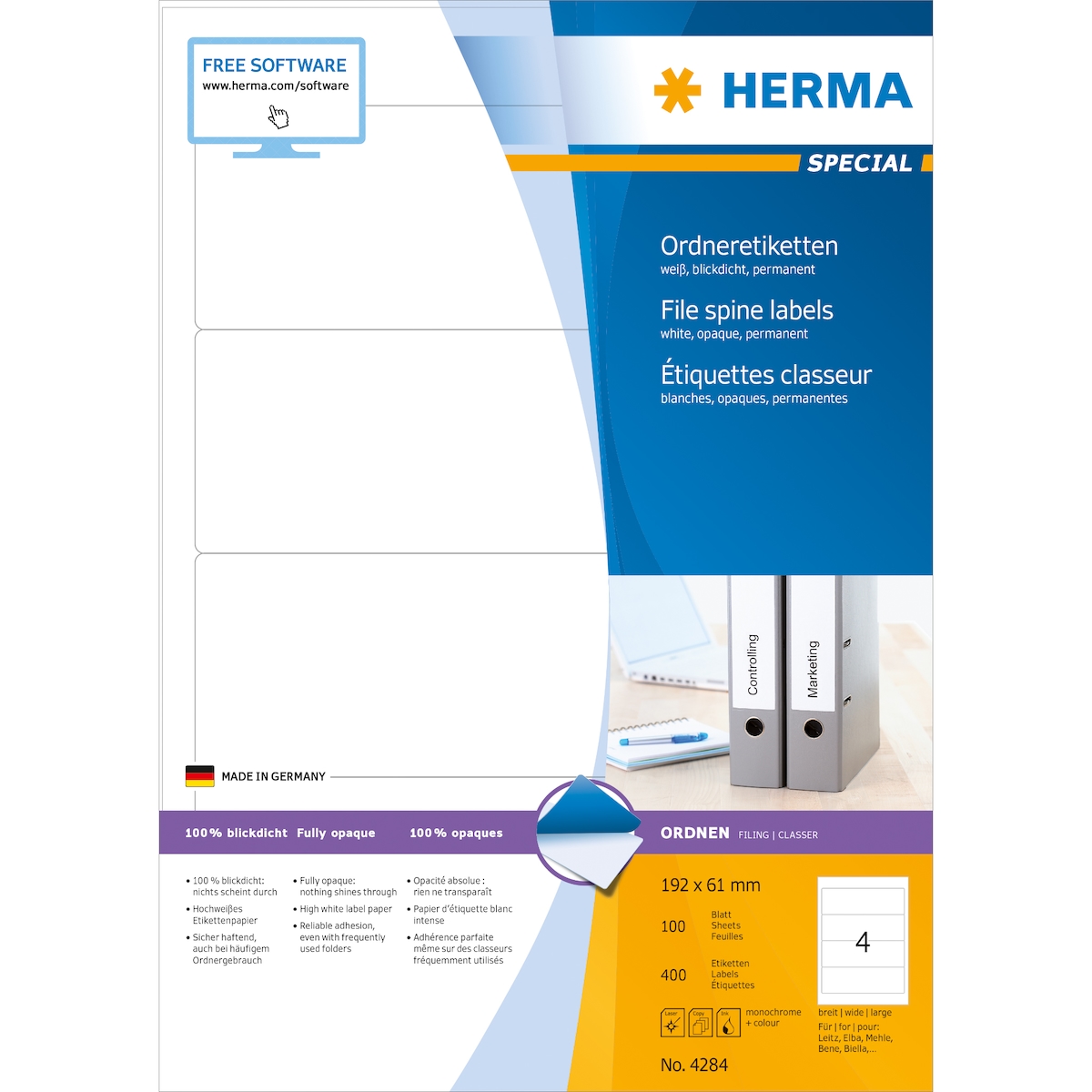 HERMA Etikett SuperPrint 4284 192x61mm breit weiß 400 St./Pack. Image