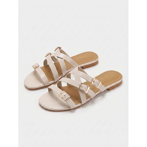 Burgunderrote Riemchensandalen mit Krokodilprägung für Damen – schicke flache Pantoletten mit goldenen Schnallen zum Entspannen am Pool und für Strandurlaube Sommerurlaube Image