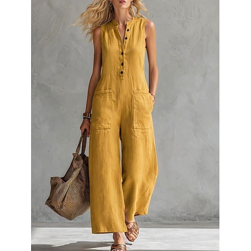 Damen Normal Jumpsuit in Leinenoptik Aktiv Einfarbig Ärmellos Weites Bein V Ausschnitt Tasche Knöpfe Täglich Urlaub Lässiger Schnitt Blau Schwarz Weiß Sommer Image