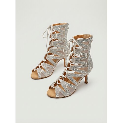 Damen-Lateintanzstiefel mit Strasssteinen – Schnürstiefel mit hohem Absatz für den Ballsaal Salsa-Tanzstiefel Image