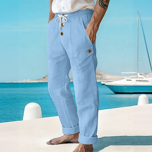 Herren Leinenhosen Hose Sommerhose Strandhose Kordelzug Elastischer Bund Fronttasche Einfach Komfort Atmungsaktiv Volle Länge Lässig Täglich Strand Mode Basic Blau Schwarz Unelastisch Image