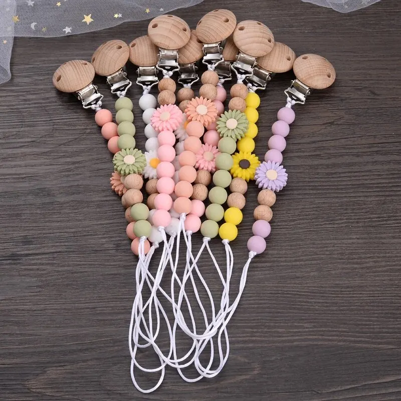 Baby-Buchenholz-Clips, runde Holzclips, Blumen, Silikonperlen, Schnullerkette für Beißspielzeug, handgefertigter Schnullerhalter, BPA-frei Image