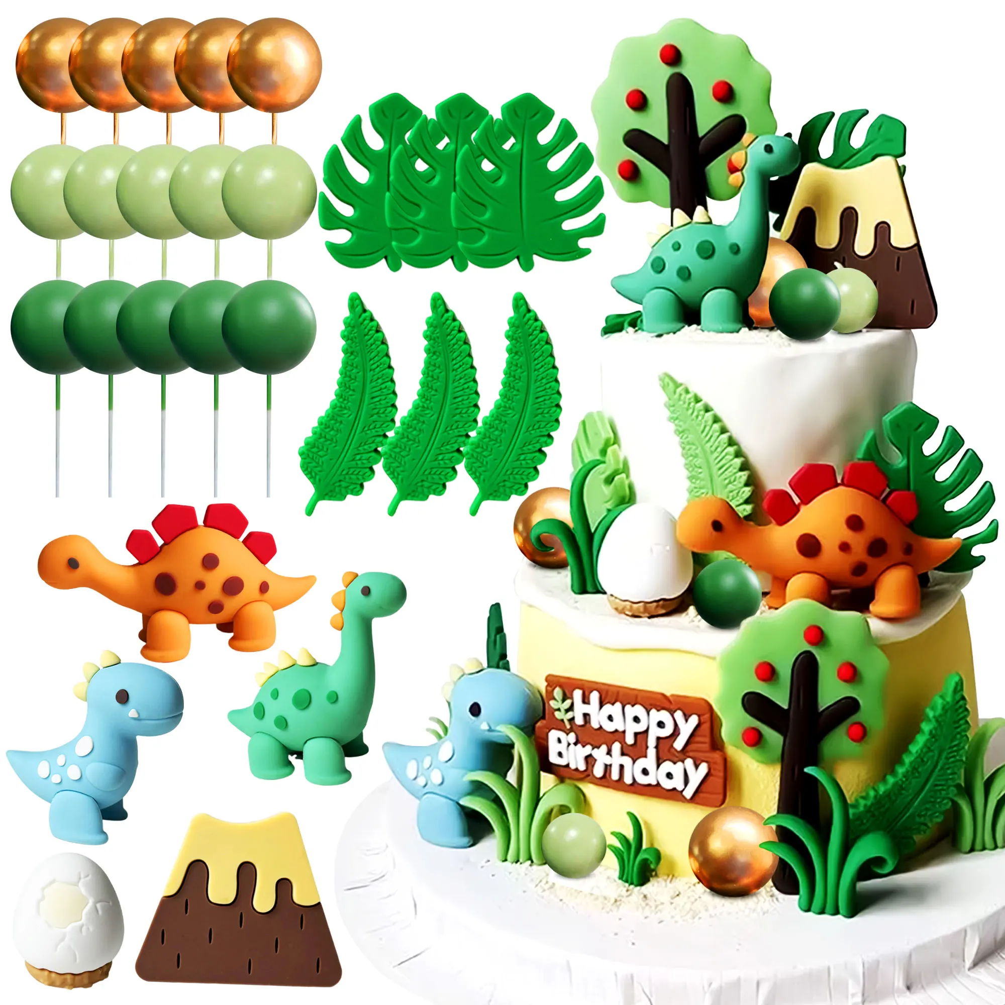 LaVenty Luxuriöser kleiner Dinosaurier-Kuchendekorationen, Dinosaurier-Cupcake-Topper, grüner Rex, drei Dino-Kuchenaufsätze für Geburtstagszubehör Image