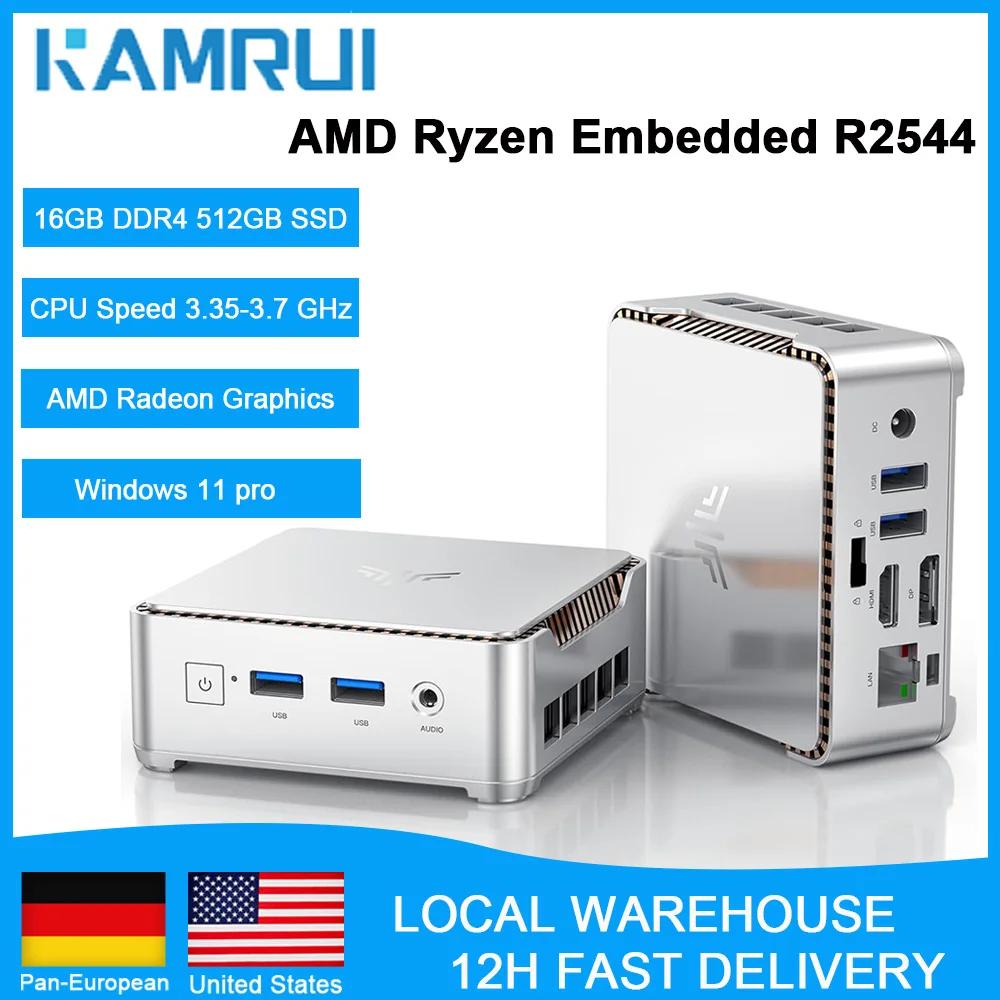 KAMRUI P2 Mini-PC AMD Ryzen Embedded R2544 16GB DDR4 512GB M.2 SSD Windows11Pro Dual 4K Ethernet Mini-Desktop-Computer Mikro-PC