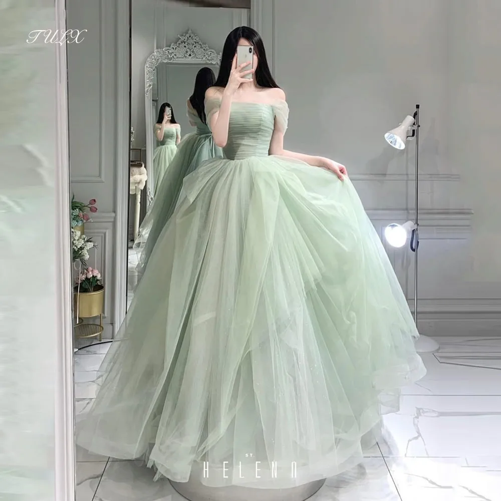 TULX Feengrünes Tüll-Abendkleid, Korea, Fotoshooting, trägerlos, schulterfrei, Brautpartykleid, A-Linie, Log-Korsett, individuell gestaltet Image