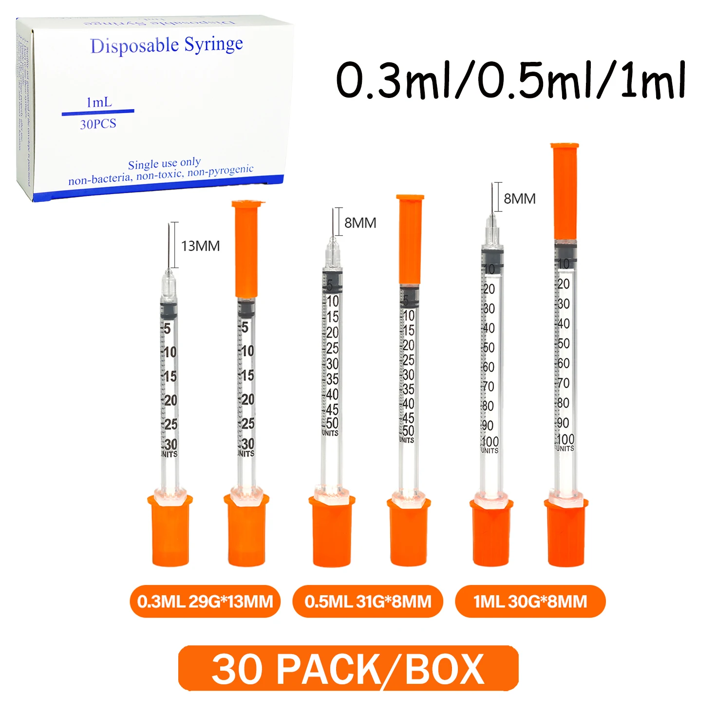 30-teiliges Set Kleine Insulinspritzen mit 0,3ml/0,5ml/1ml Fassungsvermögen, Steril und Einzeln Verpackt für Tierpflege und Laborgebrauch Image