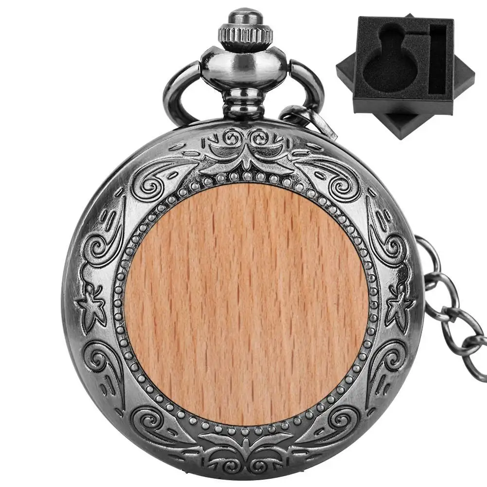 Buche Holz Dekor Grau Schwarz Retro Quarz Taschenuhr Arabische Ziffern Zifferblatt Fob Kette Anhänger Taschenuhr Vintage Geschenk Männer Frauen