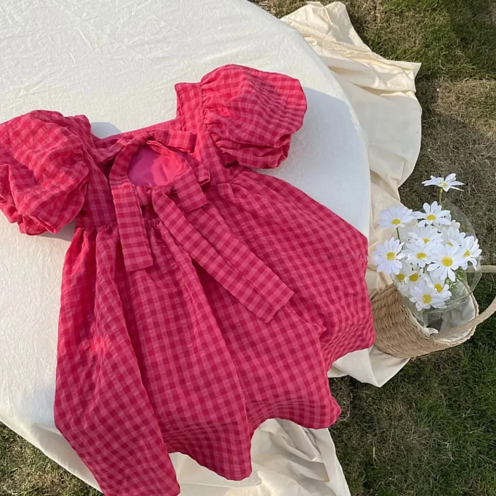 Bär Führer Sommer Rot Plaid Bogen Kleider Elegante Lolita Kind Baby Mädchen Midi Kleid Kinder Kleider Mädchen Party Prinzessin Sommerkleid Image
