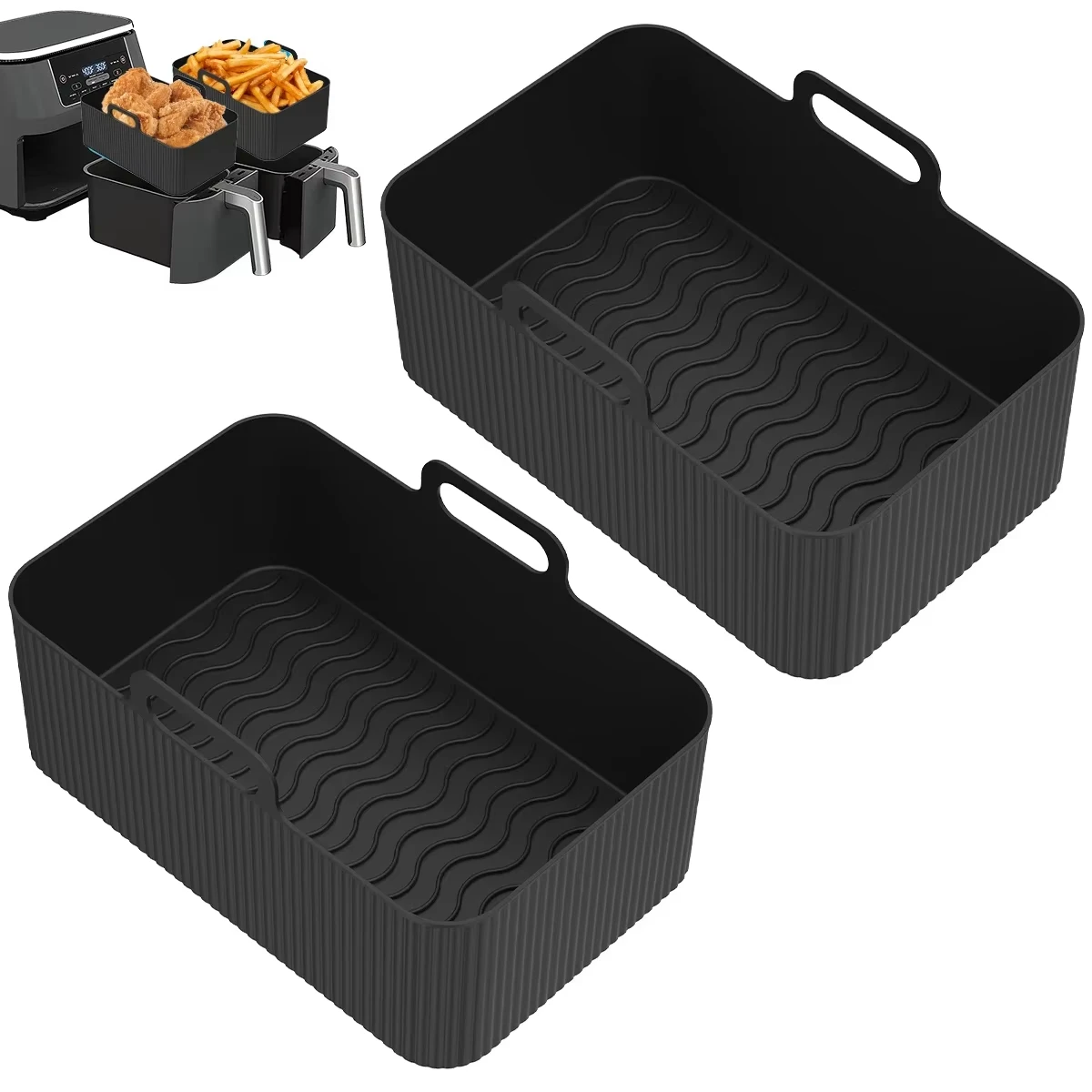 2 Stück Silikon-Einlagen für Heißluftfritteusen, hitzebeständige Silikon-Körbe, rechteckige Backformen für Ofen und Mikrowelle Image