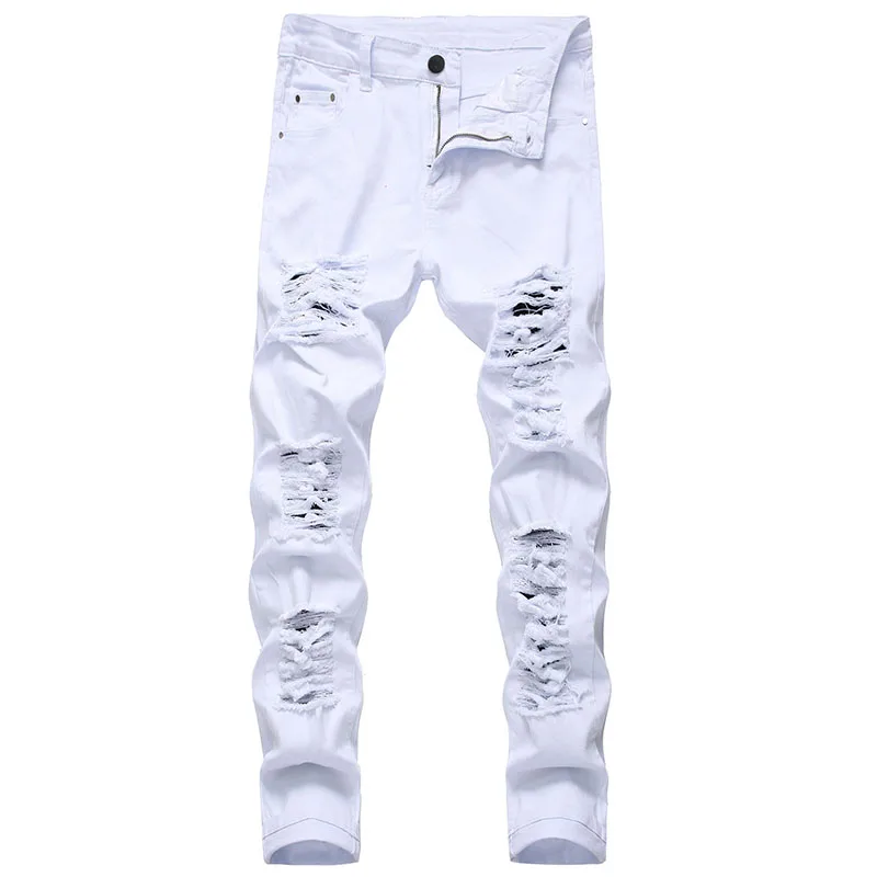 Männer Weiße Jeans Mode Hip Hop Zerrissene Dünne Männer Denim Hose Slim Fit Stretch Distressed Zip Männer Jean Hosen hohe Qualität