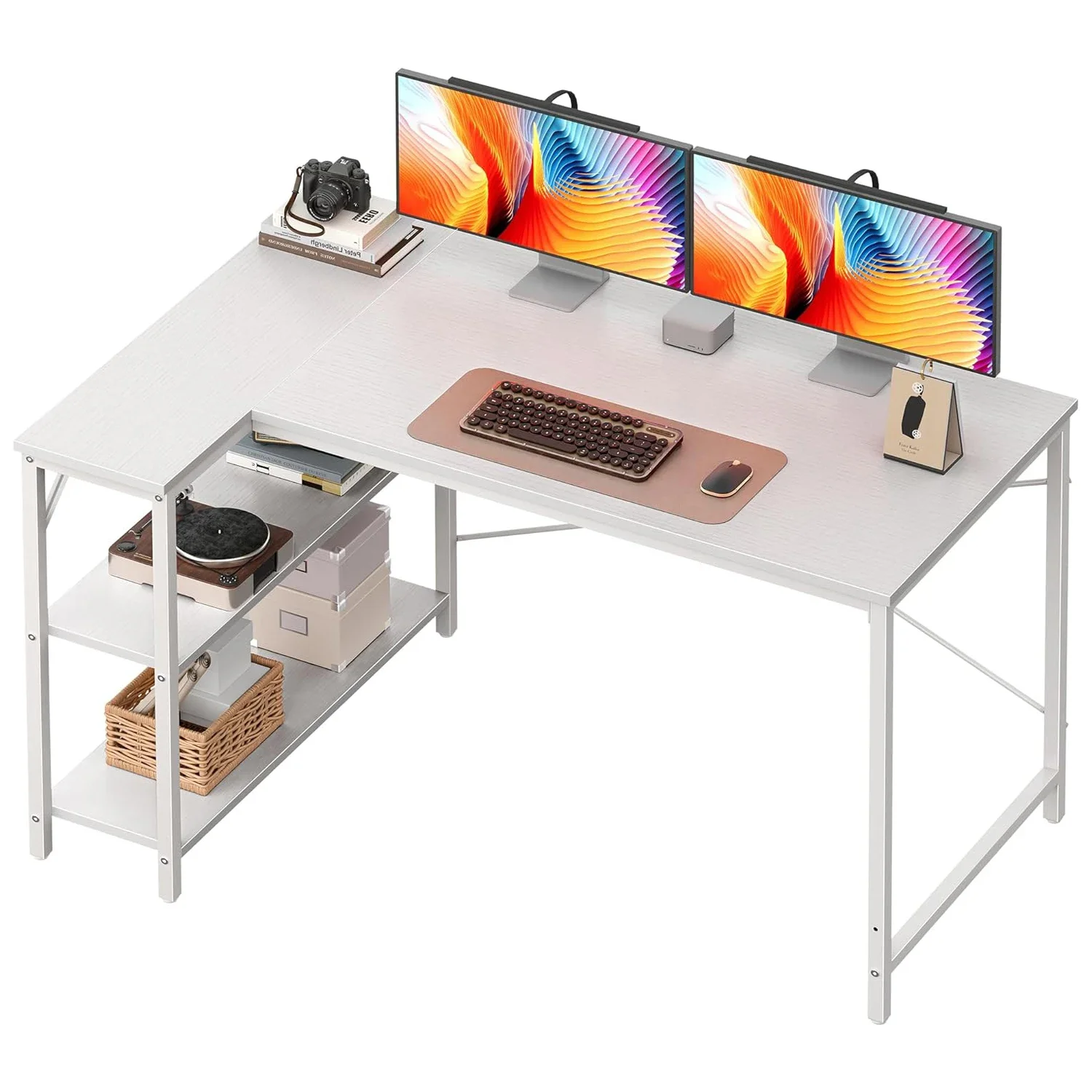 L-förmiger Computertisch aus Holz mit offenem Regal, Computer mit Regalen, 120 cm, Arbeitstisch für Arbeitszimmer, Schlafzimmer, Heimbüro, Weiß
