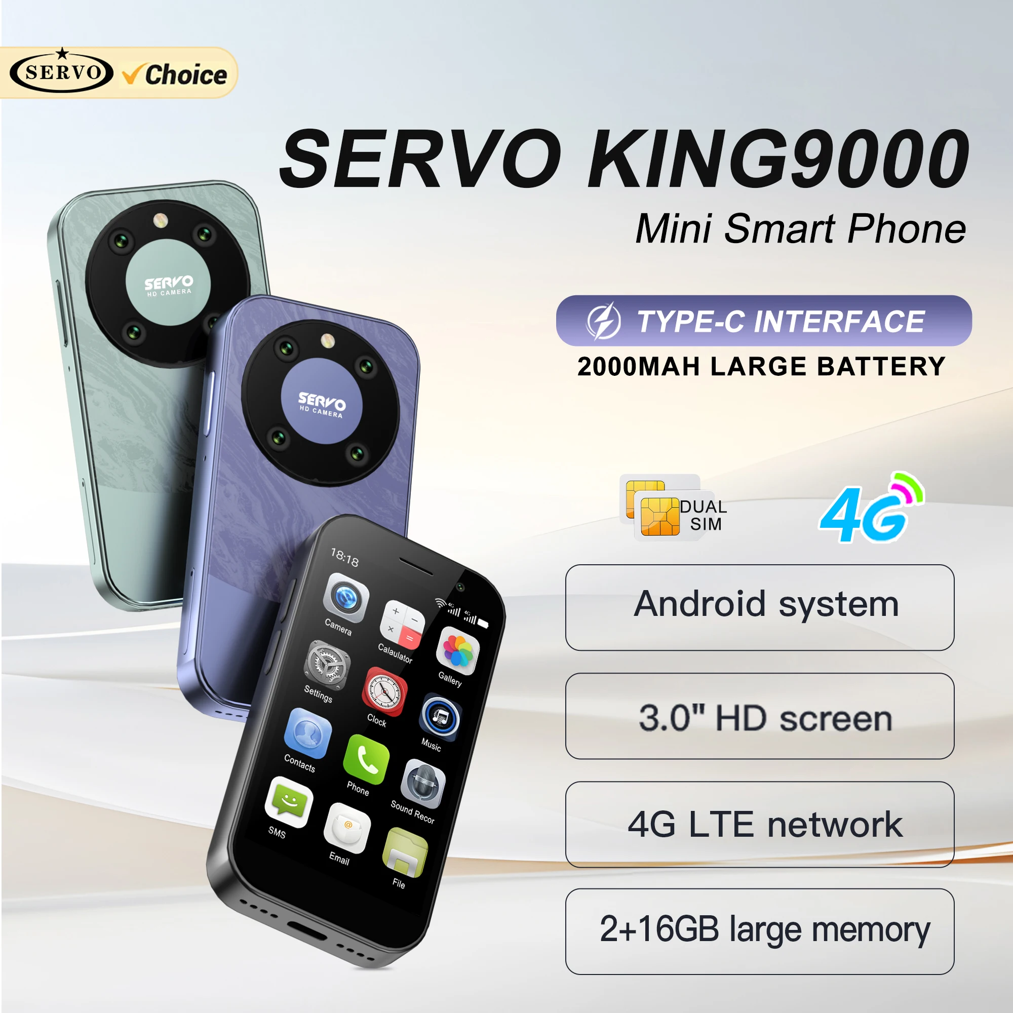 SERVO KING9000 Mini Android Smartphone 2 SIM Standby 4G Netzwerk 2GB+16GB APP Download Play Store WLAN 3,0 Zoll Niedliche Smartphones