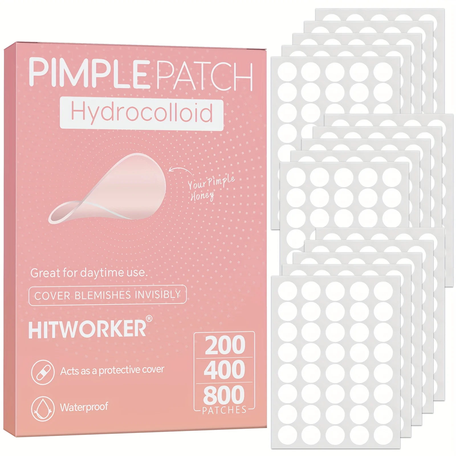 HITWORKER 800 Stück Akne-Patches | Hydrokolloid-Akne-Pflaster in Rundform | Leistungsstarke Absorption von Akne-Schleim, sanfte Reinigung und Image