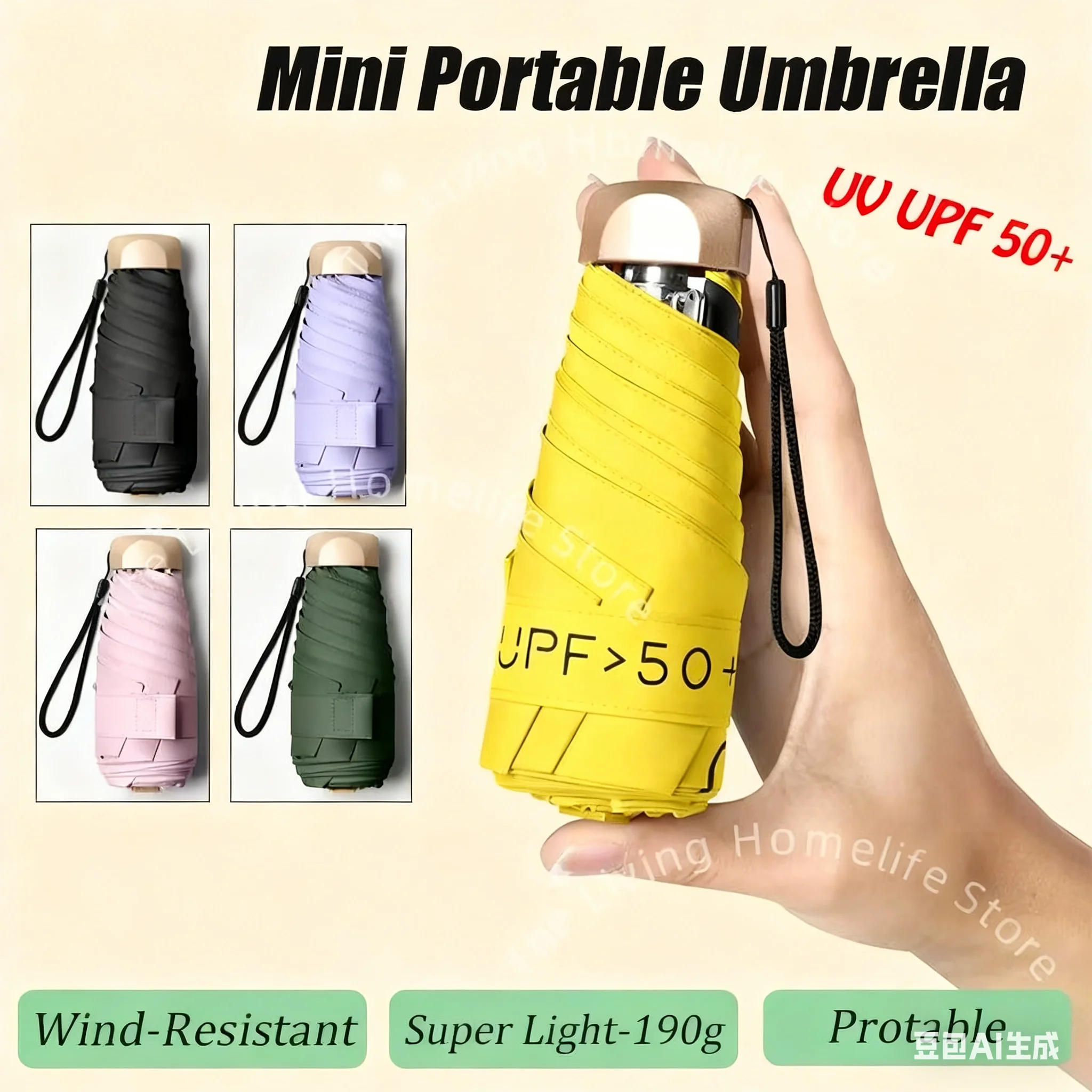 Mini-Kapsel-Regenschirm, kleine Tasche, Regenschirm, Vinyl, faltbar, UV-Ultraviolett-Schutz, ultraleichter Regenschirm mit doppeltem Verwendungszweck Image