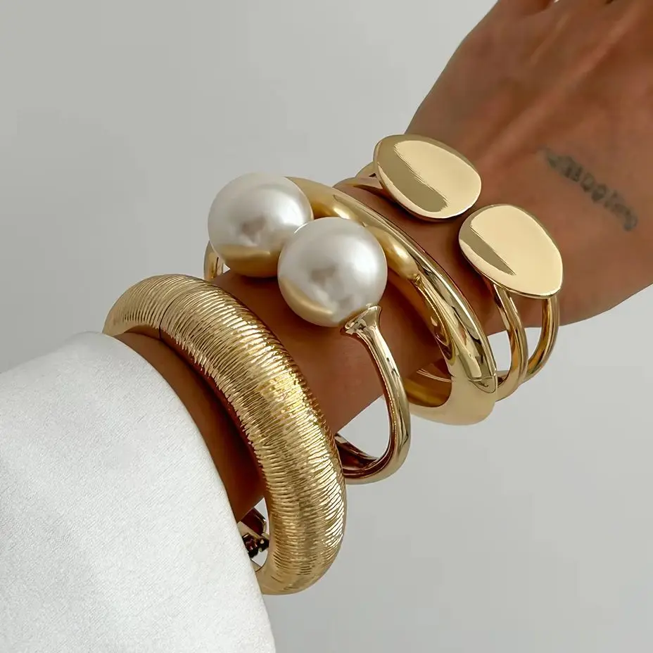 Ingemark 8 Stile Vintage Kreative Gold Farbe Geometrische Armreifen Frauen Männer Große Imitation Perle Breite Manschette Armreifen Schmuck Geschenk