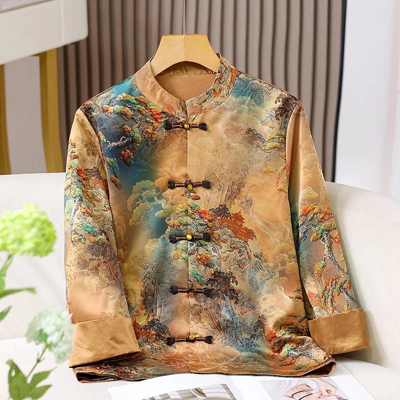 2025 sommer Herbst Neue Hanfu Jacke Vintage Stehkragen Tang Kleidung Frauen Drucken Taste Unten Qipao Mantel Große Größe 5Xl