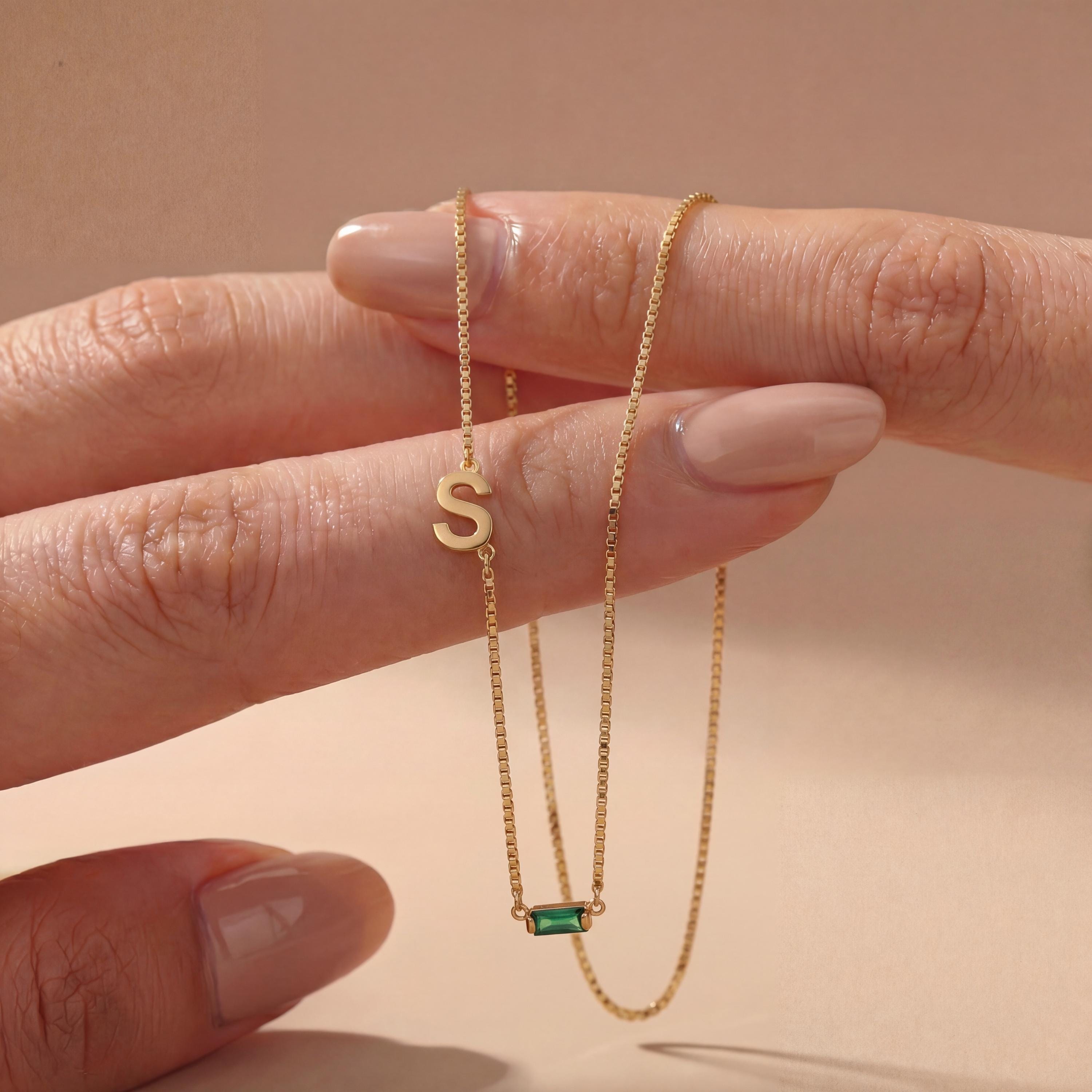 Collana con iniziale e pietra portafortuna in argento sterling 925, collana con pietra portafortuna a baguette, collana con pietra portafortuna per do