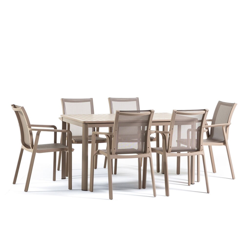 RATTATAN Garten Essgruppe mit rechteckigem Tisch 140x85 cm und 6 Stühlen mit Armlehnen aus strapazierfähigem Textilene für Terrasse außen David+Victoria -Taupe Image