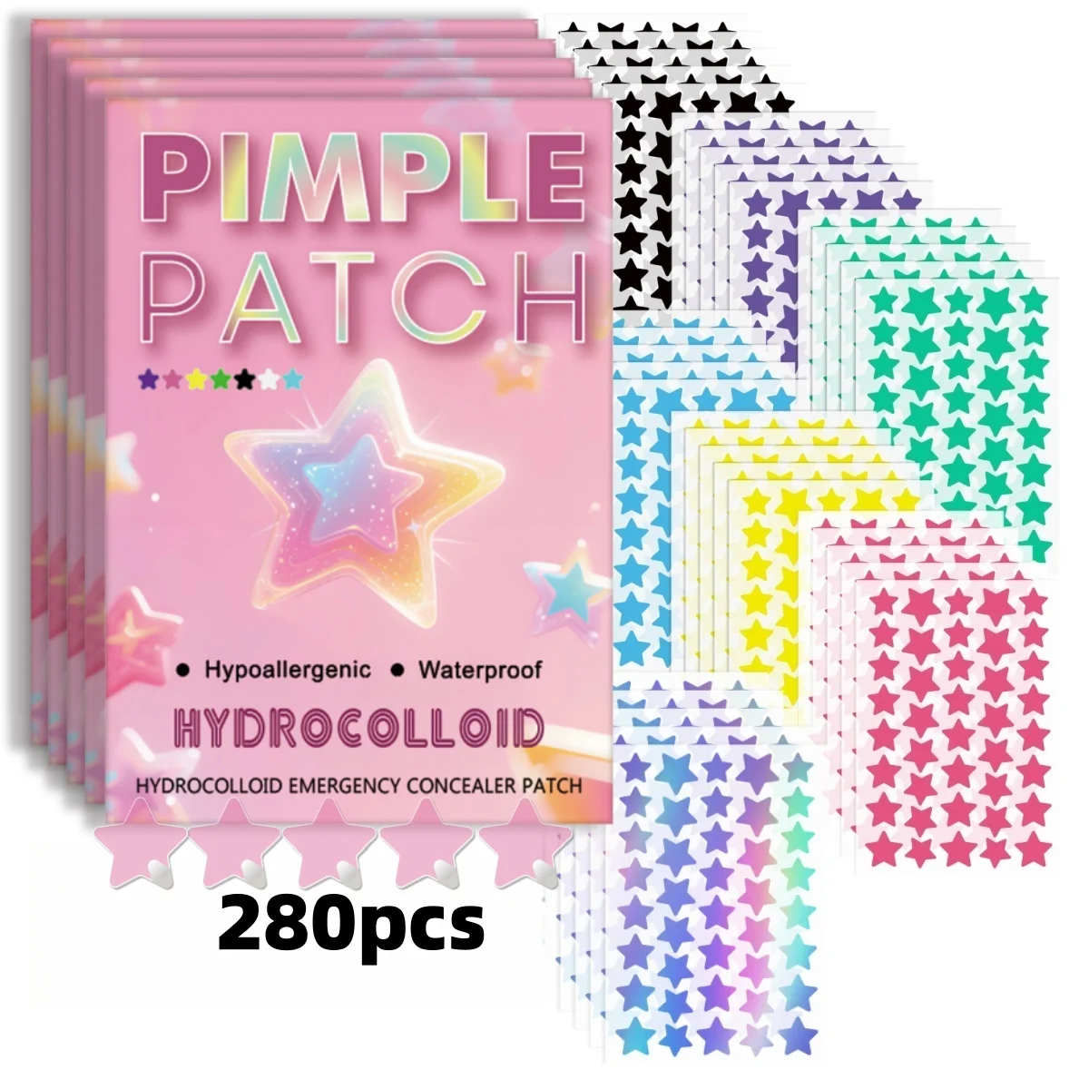 280 Stück mehrfarbige Stern-Akne-Pflaster, Akne-Pflaster für das Gesicht, Concealer-Akne-Pflaster und Pickel-Pflaster, ultradünn. Image