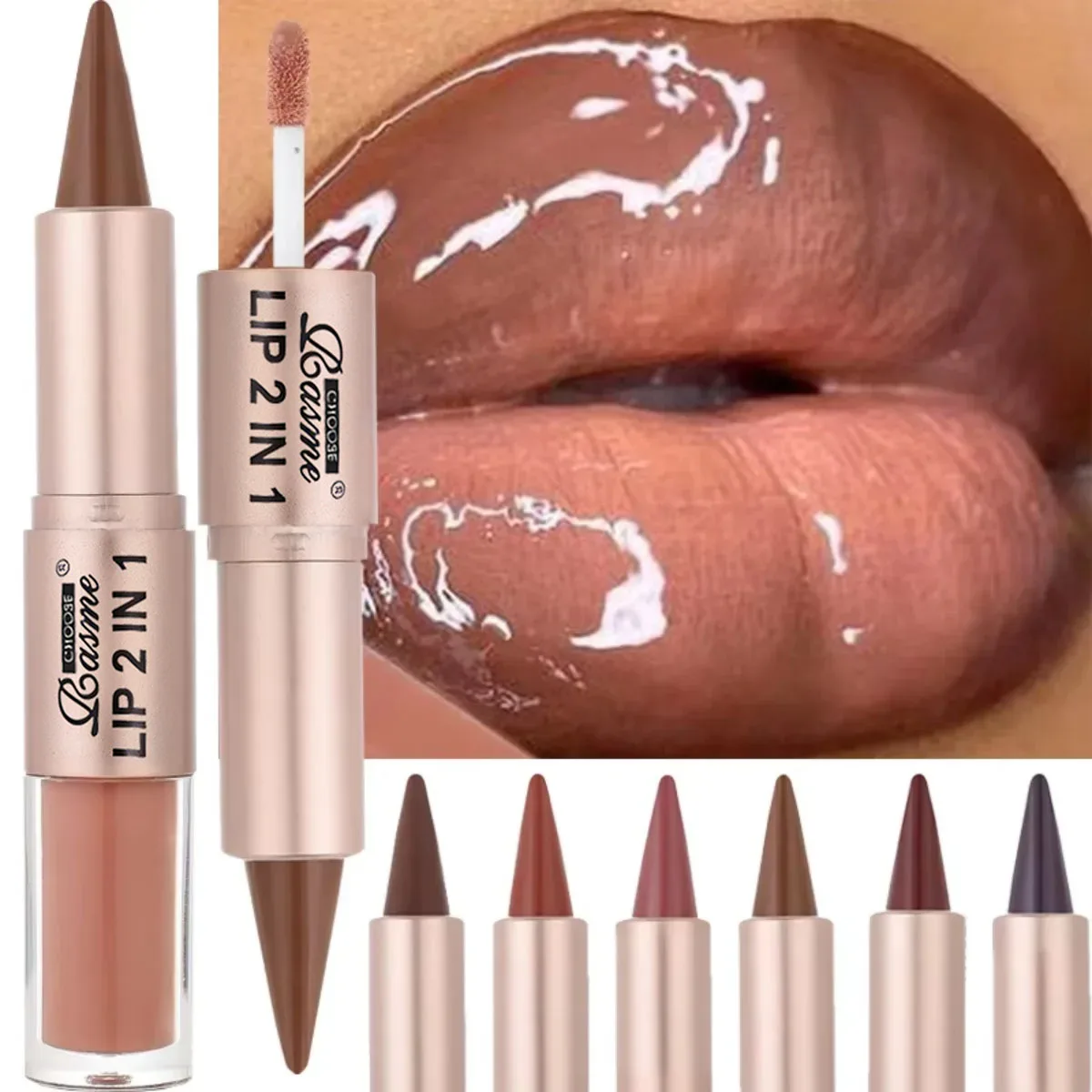 2IN1 Tapered Gradient Lipliner Pen Nude Brown Mirror Glass Lip Gloss Matte Lip Liner Waterproof Lip Contour Non Stick Makeup Image