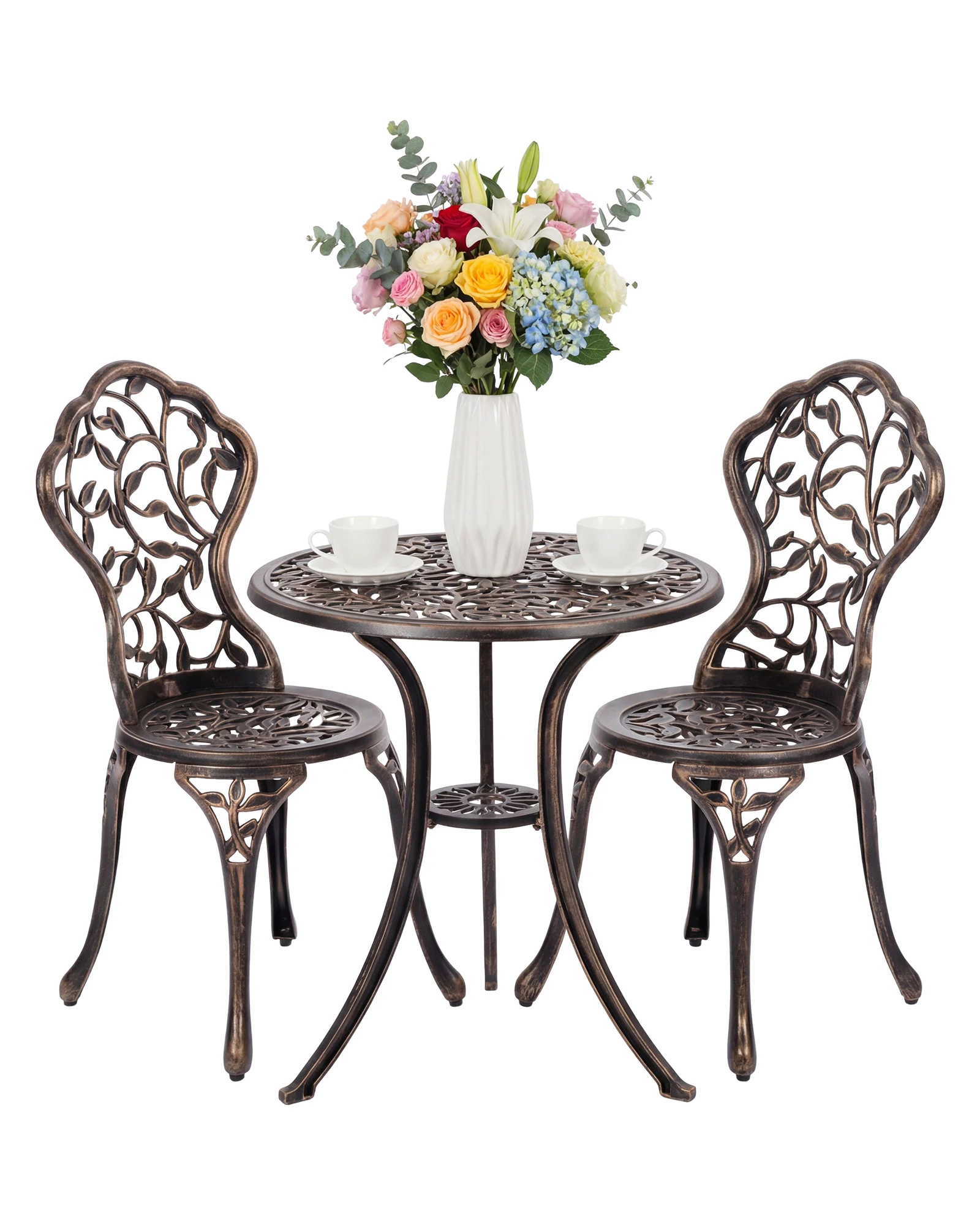 Roomark 3tlg Bistro-Set, Gartenmöbel-Set aus Aluminiumguss bis 120 kg, Balkonmöbel-Set Antik mit 2 Stühlen & 1 Tisch für Garten & Terrasse