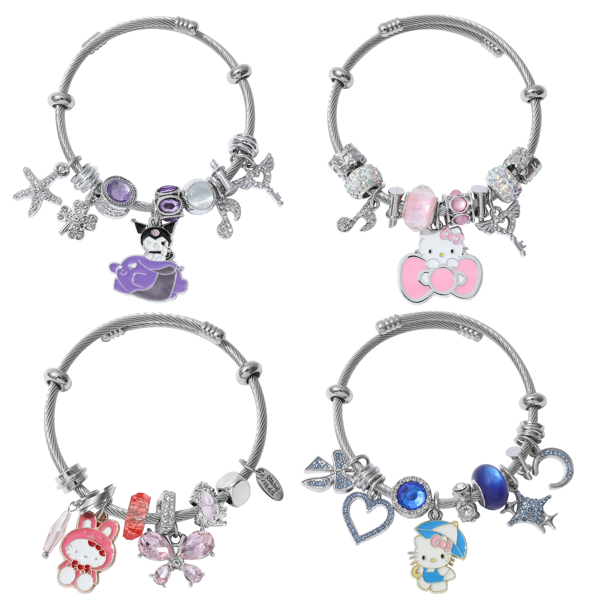 Niedlicher Cartoon Hello Kitty Kuromi Zirkon Strass Metall Anhänger Perlenarmband Süßer Mode Charm Mädchen Schmuck Geschenk