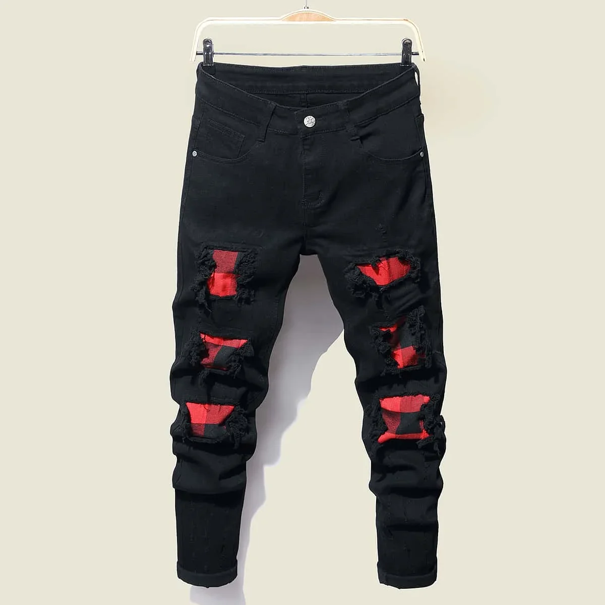 Streetwear Mode Jeans für Männer Retro schwarz elastisch Slim Fit zerrissene Jeans Männer gespleißt Designer Hip Hop Jeans hose Hose