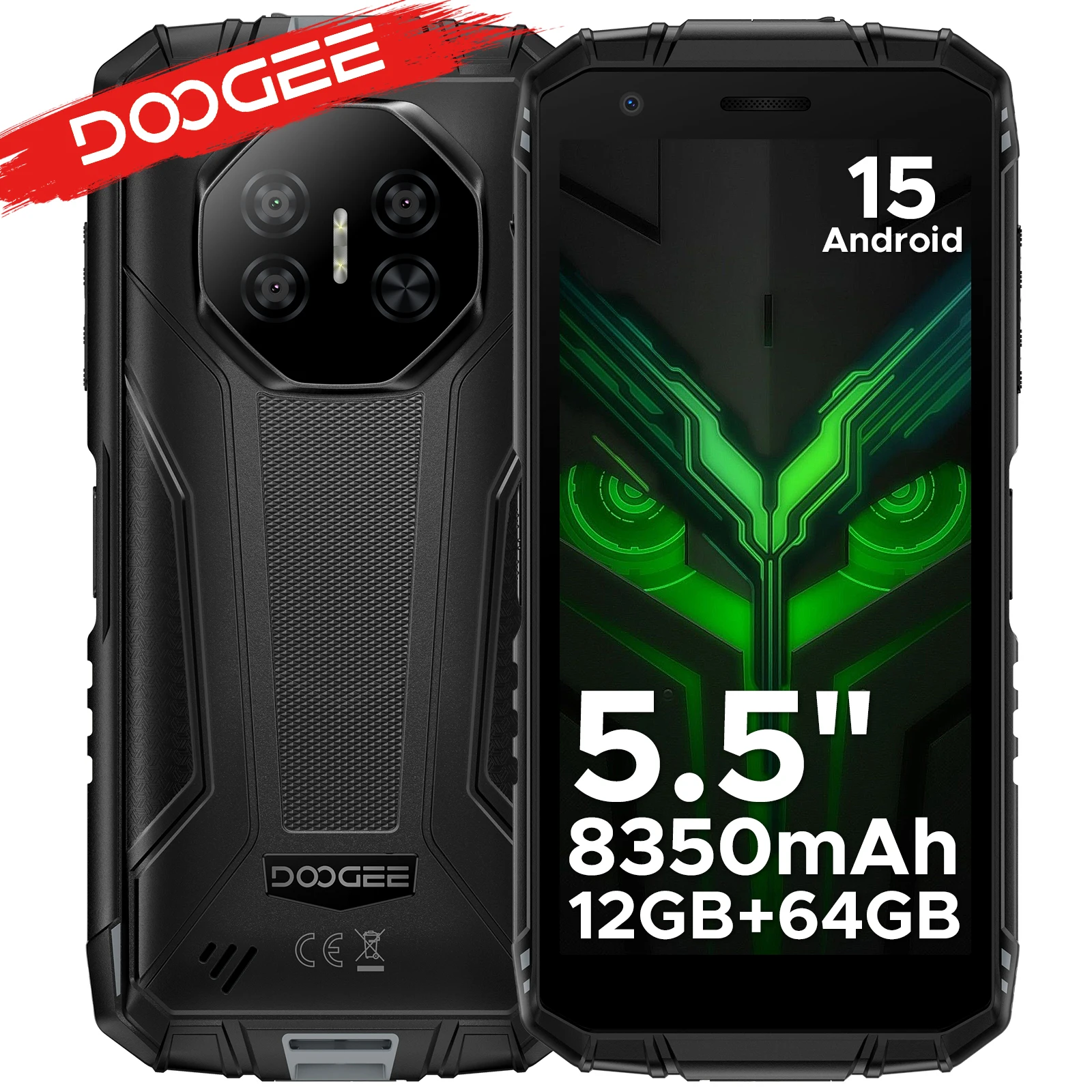 DOOGEE 5,5 Zoll Fire 3 Outdoor-Smartphone, 12 GB RAM (3+9), 64 GB ROM, 8350 mAh Akku, Android 15, Widevine L1, Google Pay Unterstützung, Smartphone mit NFC
