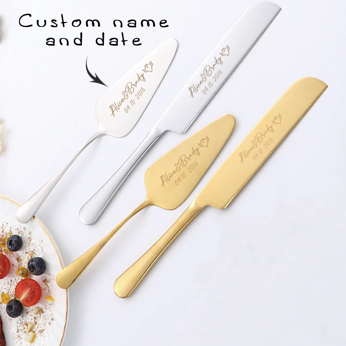 2-teiliges, individuell graviertes Edelstahl-Kuchenmesser-Set in Geschenkbox, geeignet für Hochzeiten, Geburtstage, alle Arten von Feiern. Image