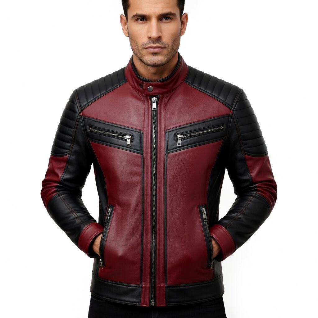 Giacca da motociclista in pelle da uomo - Giacca da moto in vera pelle - Giacca in pelle nera e rossa fatta a mano per uomo - Capospalla classico stil
