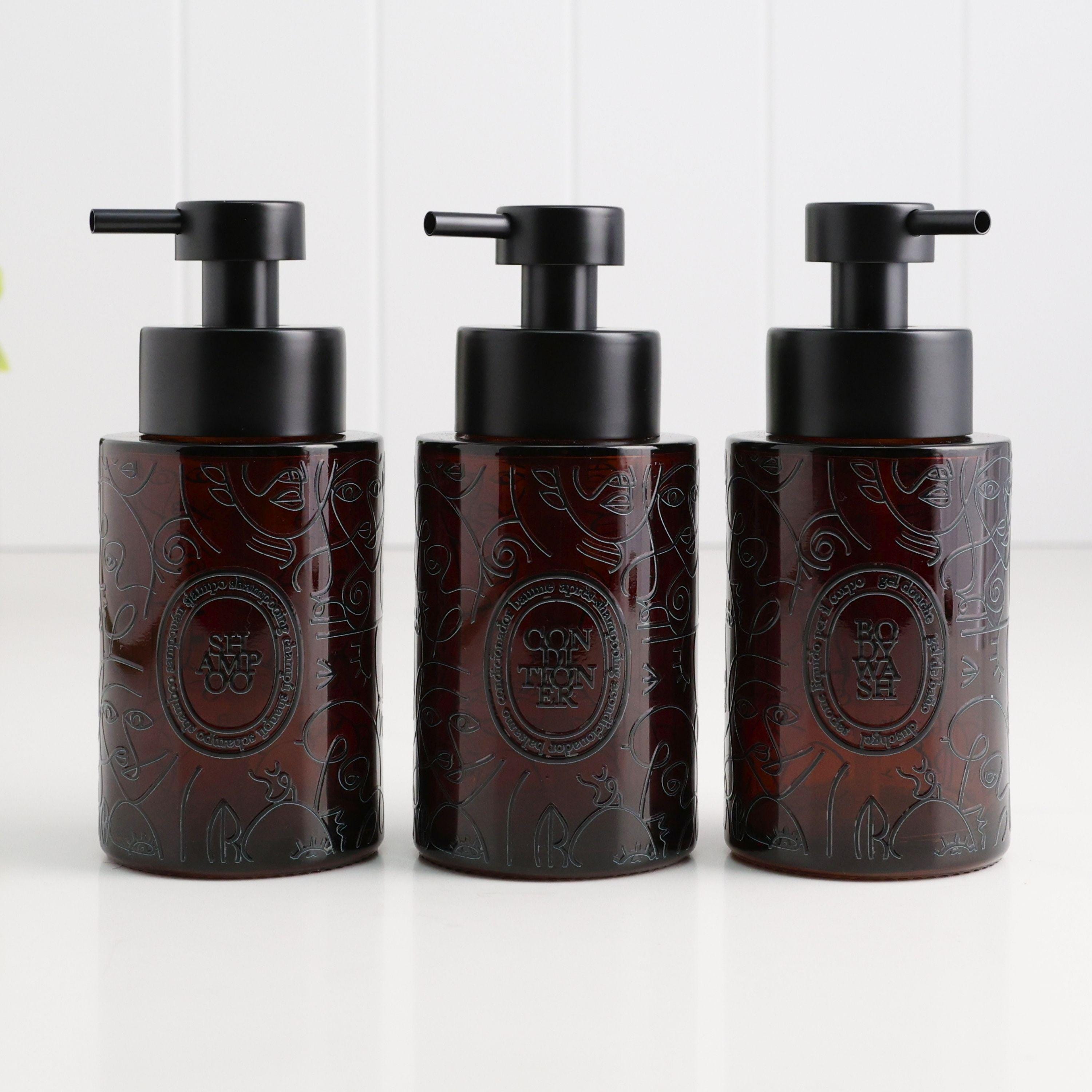 Set di 3 dispenser in vetro ambrato da 250 ml con dosatore a pompa ricaricabile per bagno o cucina, set shampoo, balsamo e bagnoschiuma, arredamento m