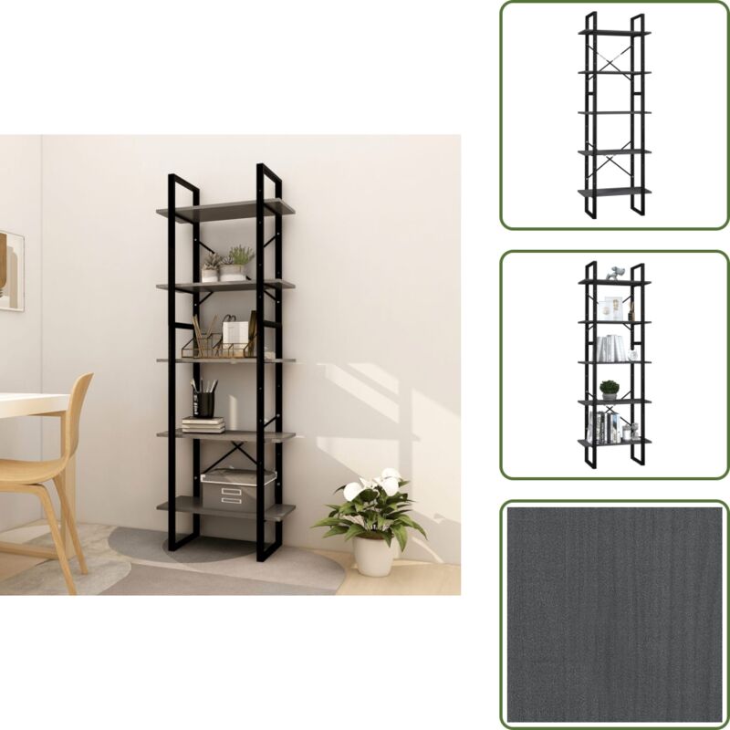 The Living Store Libreria A 5 Ripiani Grigia 60x30x175 Cm In Legno Di Pino - Libreria Grigia