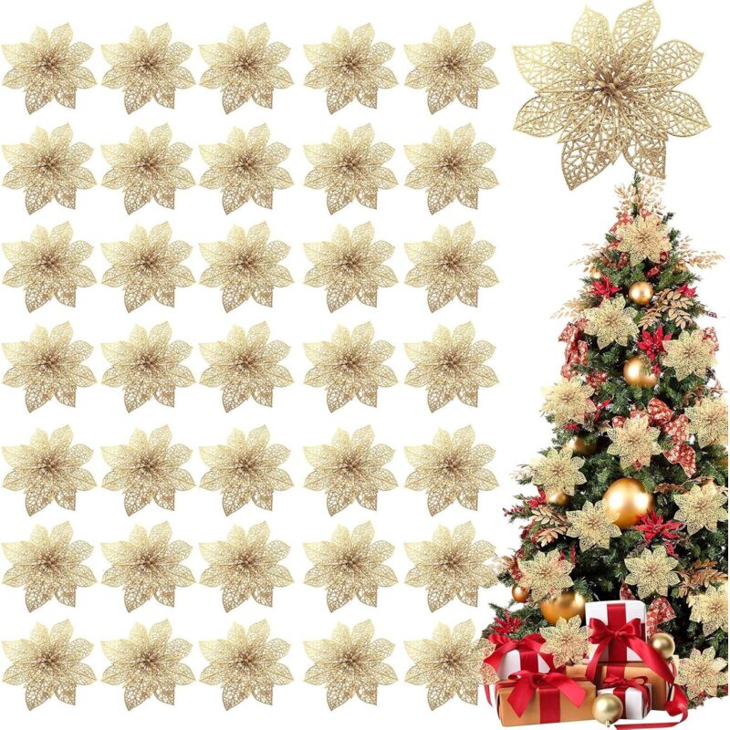 36 Pezzi Di Stelle Di Natale Scintillanti, Decorazioni Natalizie, Fiori Di Seta Artificiale Da 4 Pollici Per Ghirlande Natalizie, Decorazioni Natalizie (oro)
