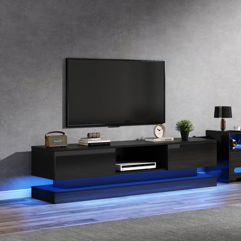 Redom - Mobile Tv Nero Lucido 160 X 35 X 40,5 Cm Con Illuminazione Led 2 Cassetti Controllo App Design Anti-inclinazione Adatto Per Tv Da 60 Pollici Mobile Tv Mobile Tv Basso