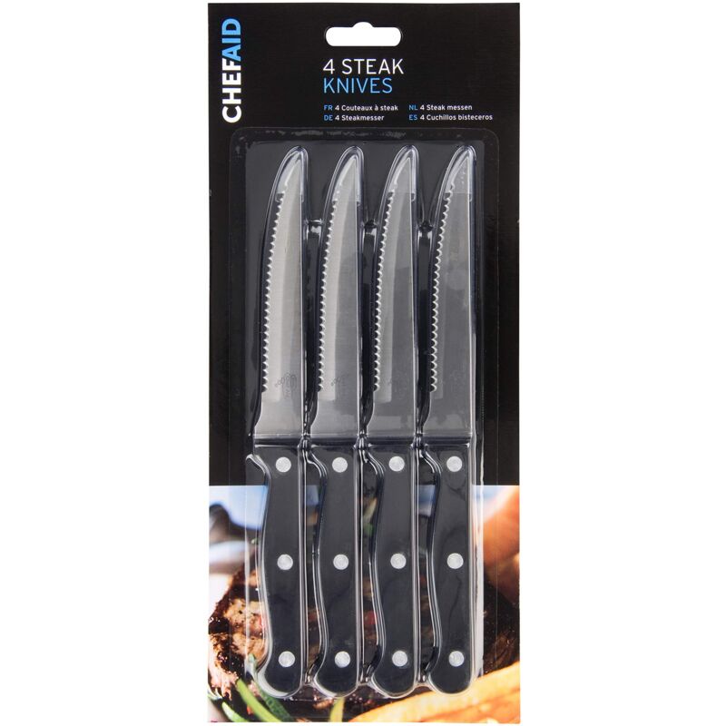 Chef Aid - Set Di 4 Coltelli Da Bistecca In Acciaio Inox, Colore Manico: Nero