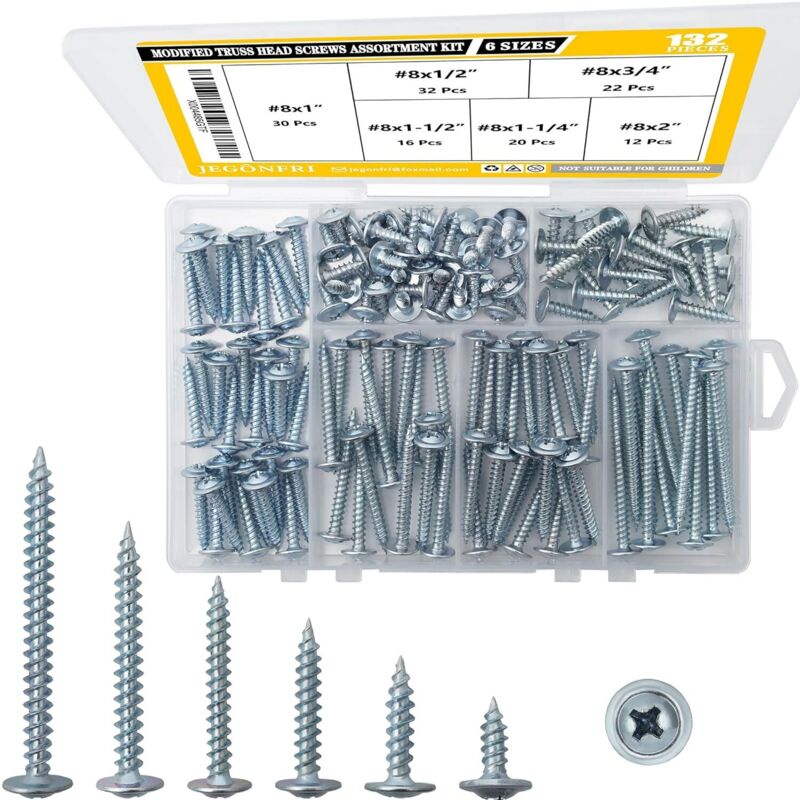 Kit Assortimento Di Viti Per Legno Con Testa A Traliccio N. 8, 132 Pezzi, Cacciavite Phillips, Assortimento Di Viti Per Legno, Viti, Set Di Viti, 6 Dimensioni (1/2 Pollice)