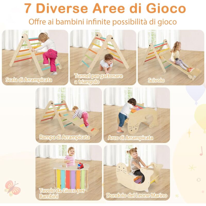Triangolo Da Arrampicata Per Bambini, 7 In 1 Set Arrampicata Con Scivolo Reversibile, Arco Di Arrampicata A Scala, Triangolo Di Gioco In Legno Per Arrampicata, Per Bambini (colorato) - Goplus