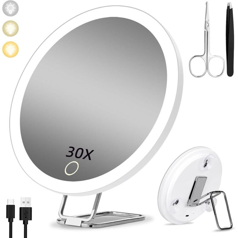 Specchio Ingranditore 30x Con Luce, 15 Cm, 3 Modalità Di Oscuramento, Specchio Per Il Trucco Illuminato 30x, Grande Specchio Ingranditore Da Viaggio Ricaricabile Con 3 Ventose E Supporto Da - Lablanc