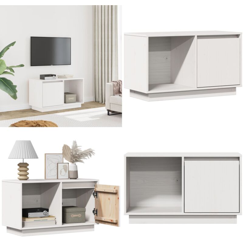 Mobile Porta Tv Bianco 74x35x44 Cm In Legno Massello Di Pino - Mobile Tv In Pino - Mobile Tv In Legno Massello