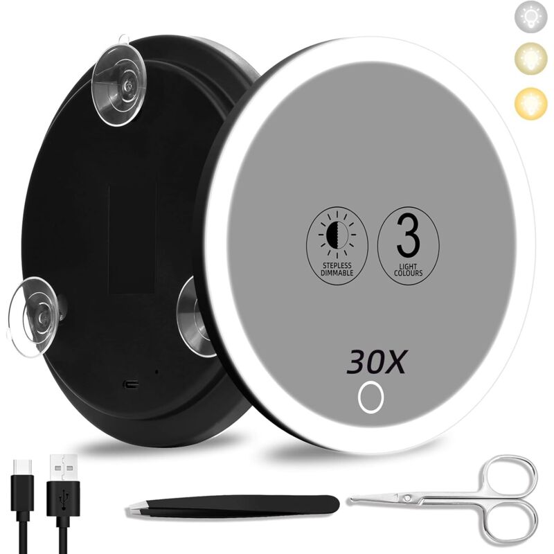 Jalleria - Specchio Ingranditore 30x Con Luce, Grande Specchio Da 15 Cm A 3 Colori Con Illuminazione Dimmerabile 30x Con 3 Ventose, Specchio Da Viaggio Ingranditore 30x, Specchio Per Il Trucco Ad Alto Ingrandime