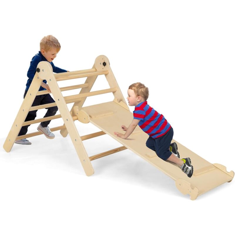 Goplus - Triangolo Da Arrampicata Per Bambini, 4 In 1 Set Arrampicata Con Scivolo Pieghevole, Arco Di Arrampicata A Scala, Triangolo Di Gioco In Legno Per Arrampicata, Per Bambini 3 Anno+ (naturale)