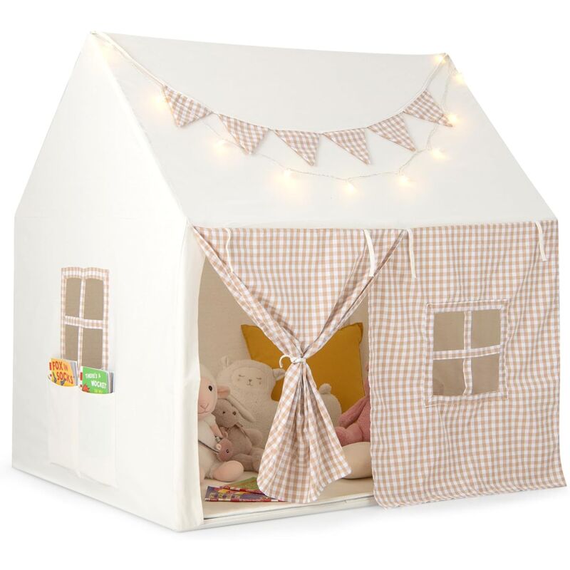 Costway - Tenda Da Gioco Per Bambini, Casetta Tenda Da Gioco Con Tappetino Imbottito, 2 Finestre Traspiranti E 2 Tasche, Luci A Stella E Bandierine Incluse, Tenda Per Bambini 3-8 Anni