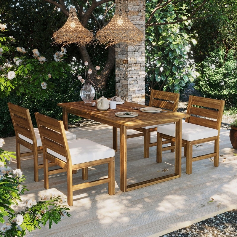 Farmhouse 4 - Person Acacia Wood Outdoor Dining Set with Adjustable Legs for Backyard, Garden, Poolside