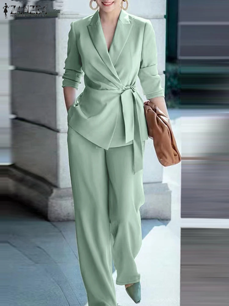 ZANZEA Classy Büro Dame Blazer Anzüge Elegante Frauen Gebunden Taille Top und Hose 2 stücke Outfit 2025 Trend Streetwear pendeln Hose Sets Image