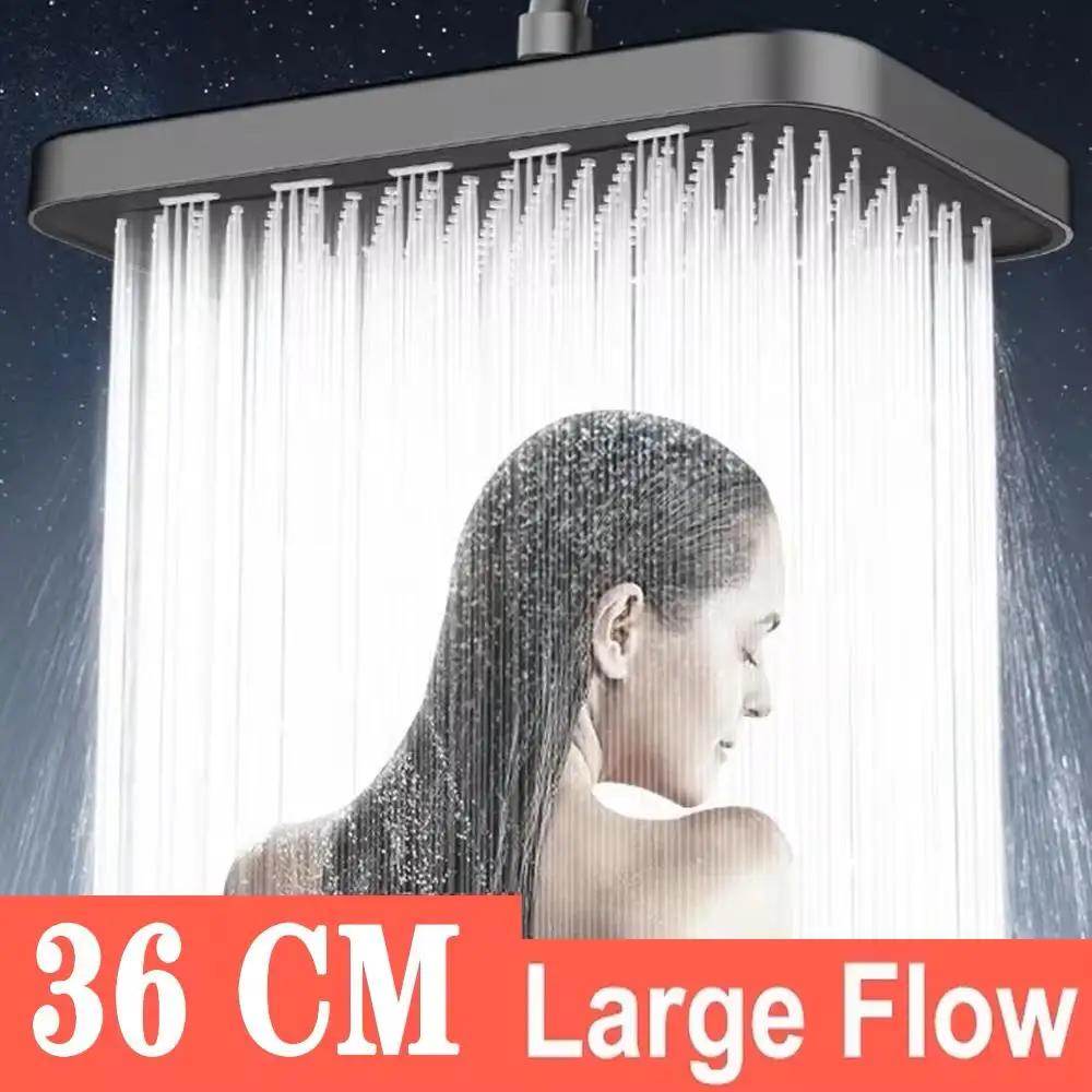 Neue 36 CM Hochdruck Top Spray Regen Dusche Kopf Größere Fluss Supercharge Regen Dusche Kopf 360 ° Drehbares wassersparendes Set Image