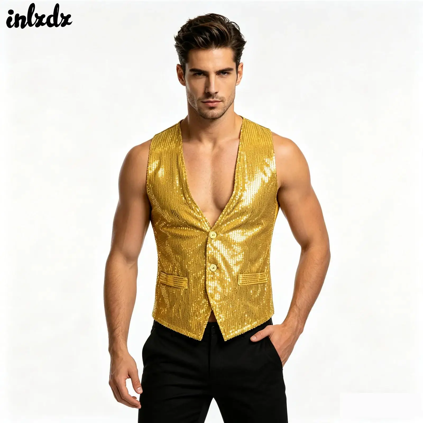 Herren Jazz Hip Hop Tanz Performance Kostüm Damen glitzernden Pailletten Anzug Weste Knopf ärmellose Festivals Weste Jacke