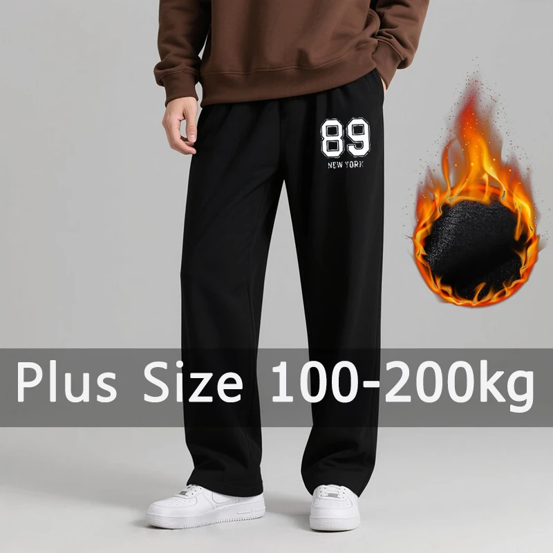 Plus Größe Männer Fleece Hosen Winter Schwarz Warme Plüsch Futter Baumwolle Gedruckt Lange Hosen 5XL 6XL 7XL 100-200 kg Große Größe Kleidung