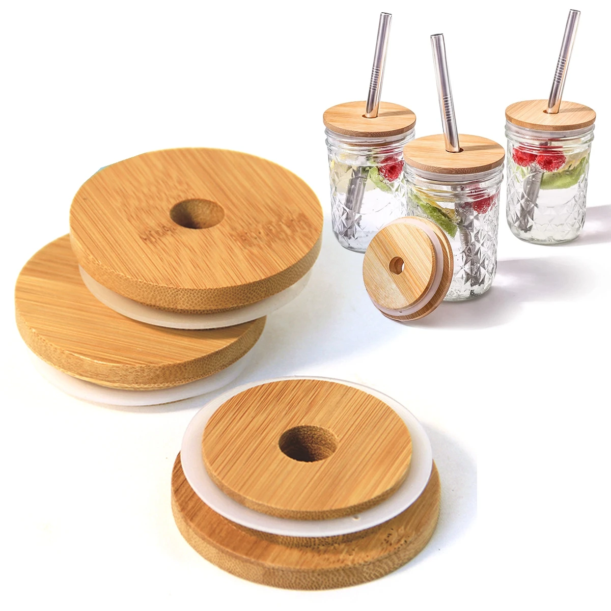 62/68/70/86mm Mehrweg Bambus Holz Deckel für Weckglas Deckel mit Stroh Loch Silikon dichtung Ring Breiten Mund Tasse Dichtung Deckt Kappen Image