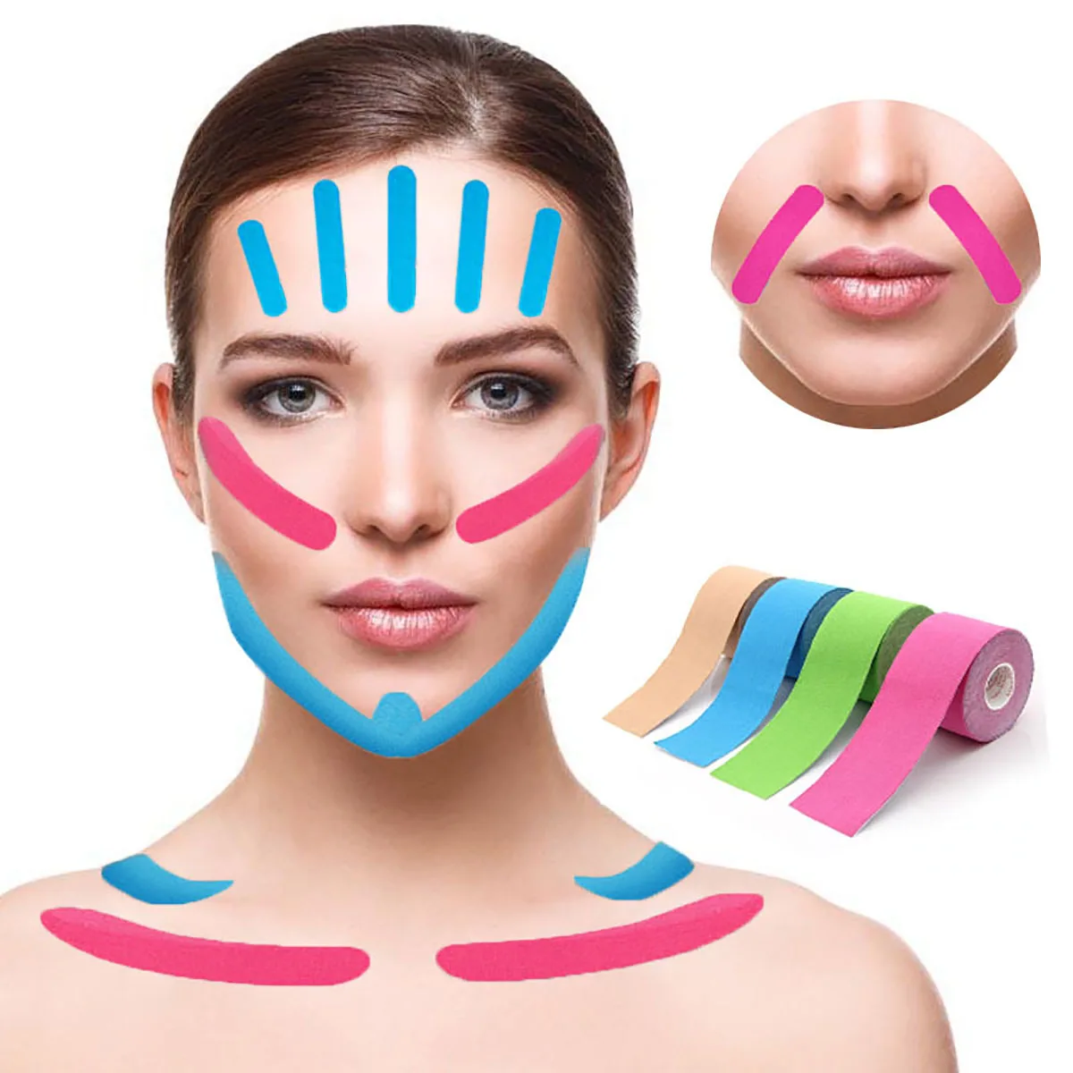 5 m Facelifting-Tape, Baumwoll-Kinesiologie-Tape zum Heben der Gesichts-V-Linie und der Hals-Augenbereich, atmungsaktiv, wasserdicht und bequem Image