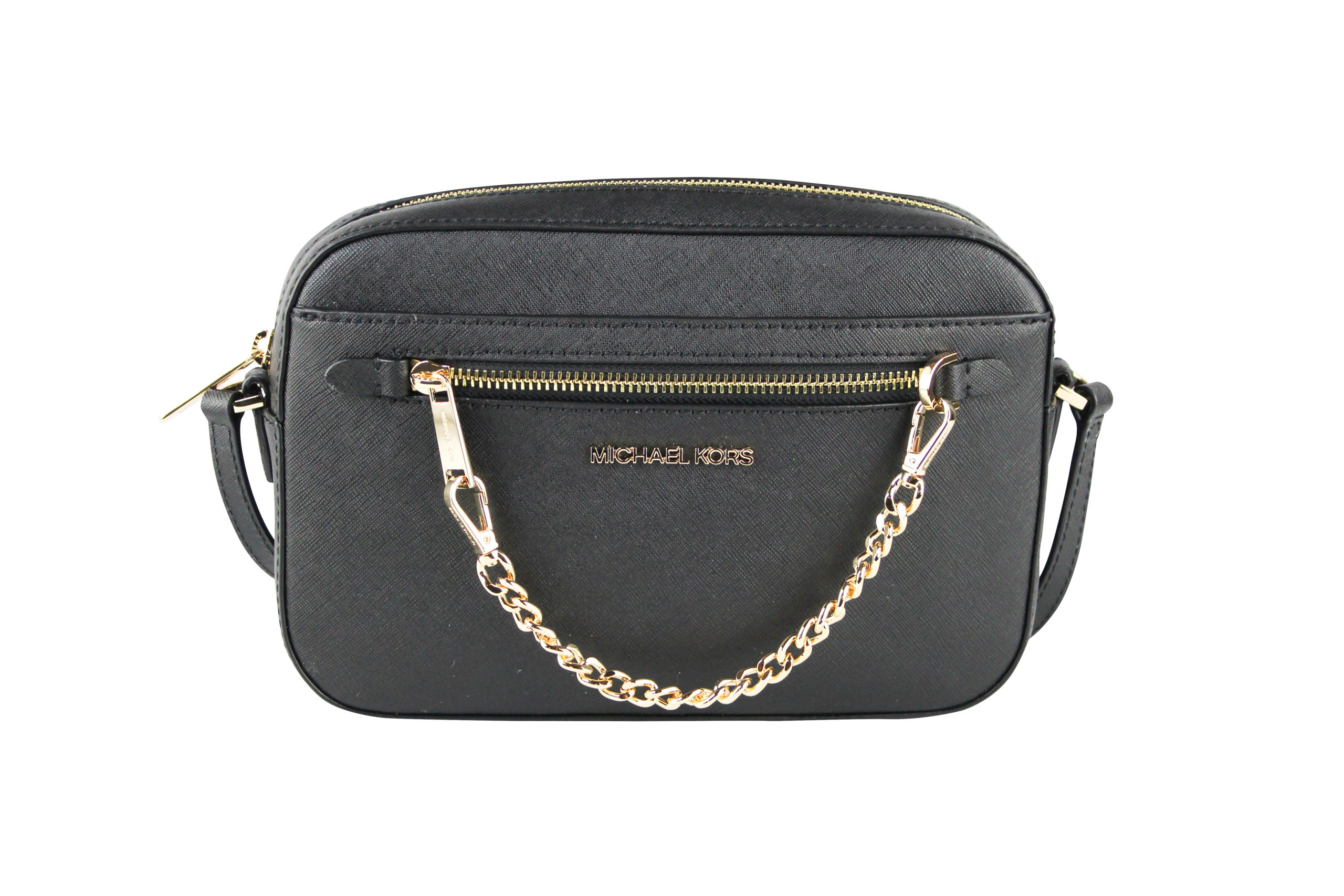 Michael Kors Women's Jet Set Item Large East West Saffiano leather Zip Chain Crossbody Handbag (Black Solid/Gold)